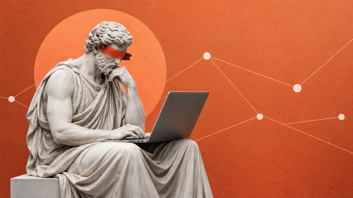 Classical statue typing on a laptop against an orange field