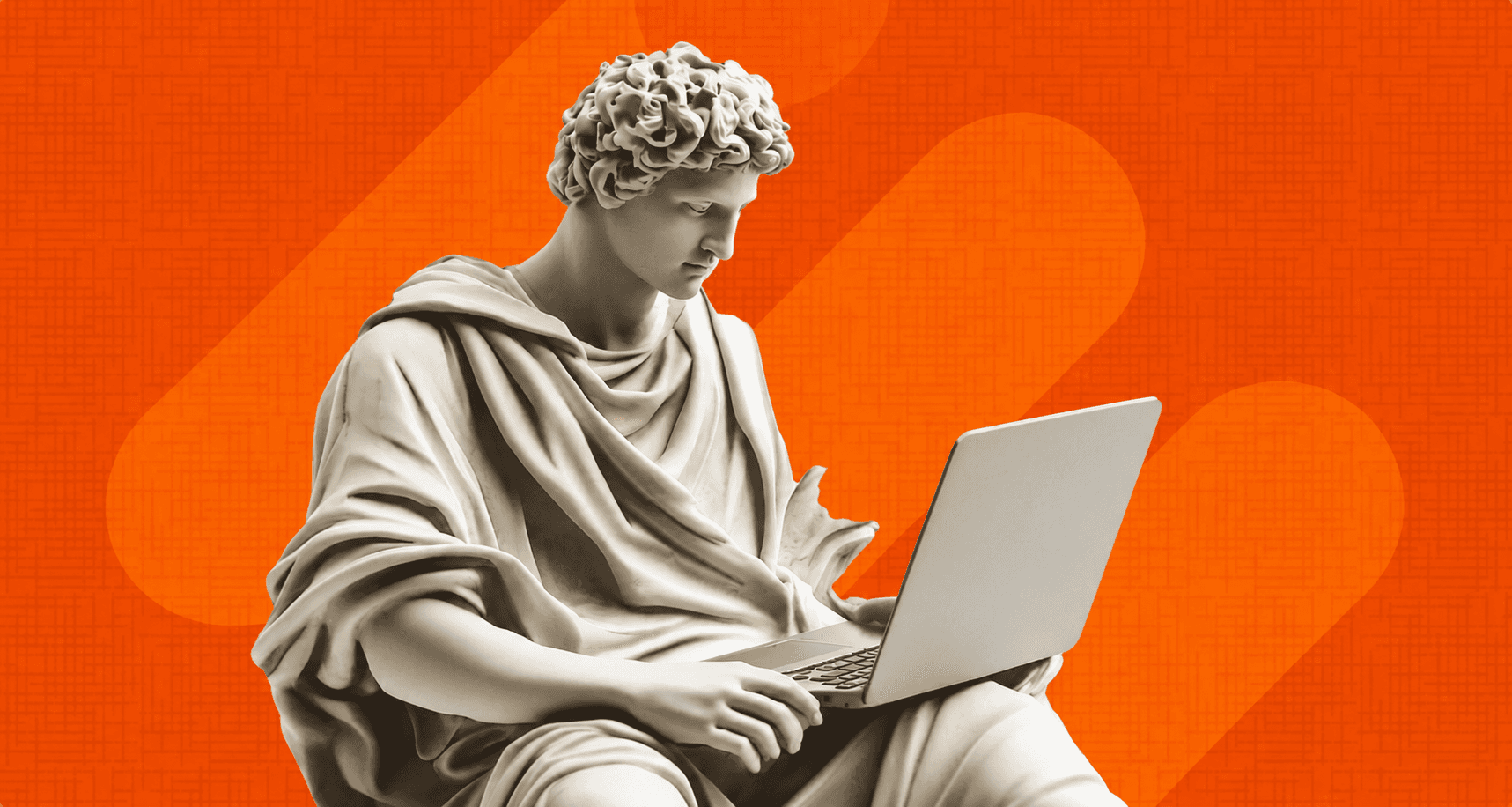 Classical statue working on a laptop